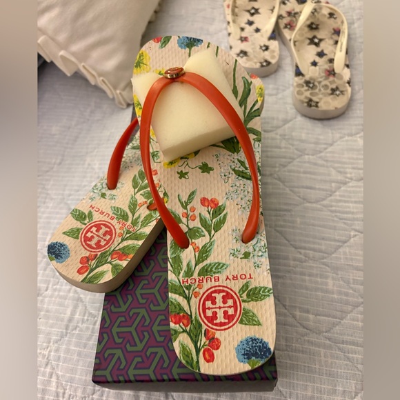 Tory Burch Shoes - Tory Burch Floral Print Flip Flops with Orange Straps